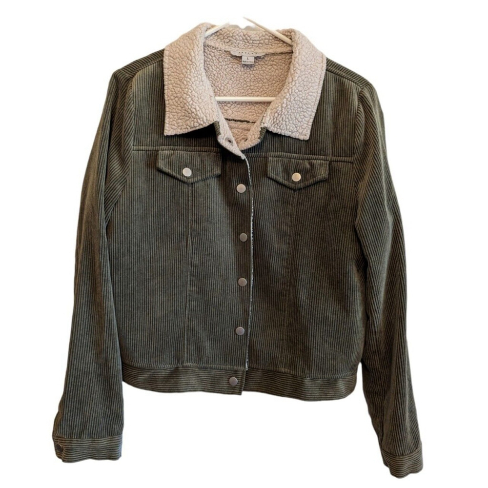 Favlux Jacket Womens L Coat Corduroy Fleece Collar Front Pockets Green Snap Up